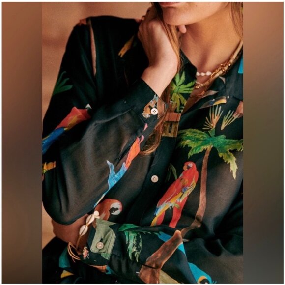 Sezane x G.Kero Pierro Black Jungle Parrot Silk Blened Blouse FR 46/US 14 - Picture 2 of 16